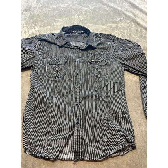 CJ Black Shirt Mens Medium Black Slim Fit Long‎ Sleeve Button Striped Pockets - Picture 1 of 7